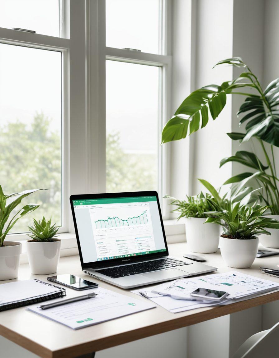 A modern workspace with a sleek laptop displaying email marketing graphs and charts, surrounded by notepads and coffee cups, symbolizing productivity. Bright light streaming in from a window, with green plants adding a fresh vibe. Icons of email envelopes and dollar signs floating around to represent profit through email advertising. Inspired by a clean, minimalist aesthetic. super-realistic. vibrant colors. white background.