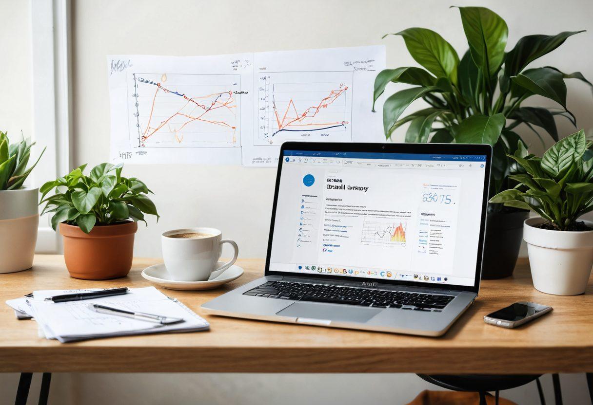 A visually appealing, modern workspace showcasing a laptop displaying an engaging email marketing platform. Surrounding the laptop are elements representing passive income, like money plants and income graphs. Include a cup of coffee and a notepad with email strategies sketched on it. A warm, inviting atmosphere with natural light filtering in. super-realistic. vibrant colors. minimalistic design.