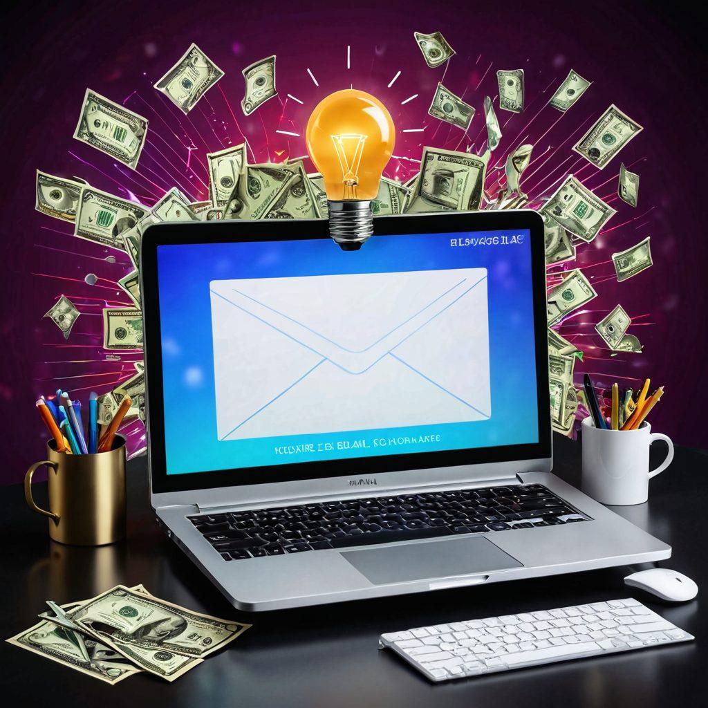 A visually engaging representation of a computer screen displaying an email campaign interface, surrounded by scattered dollar bills and coins symbolizing income. In the background, a light bulb shines brightly, depicting innovative blogging ideas, and there are subtle graphical elements depicting growth like upward arrows and graphs. The scene is filled with vibrant colors to capture attention and convey enthusiasm about monetizing blogging through email. super-realistic. vibrant colors. white background.